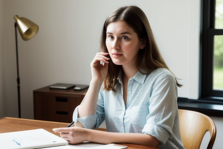 Young woman planning her budget with a phone and notebook at a desk