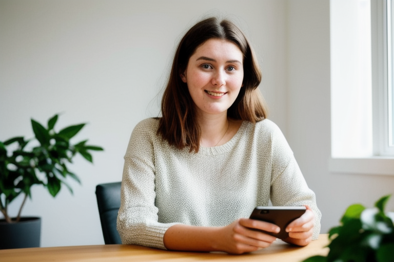 Young woman smiling while viewing AI-generated photos on her smartphone