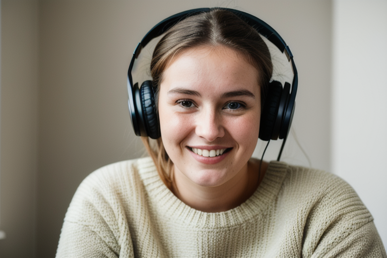 Young woman wearing headphones smiling during an AI voice call